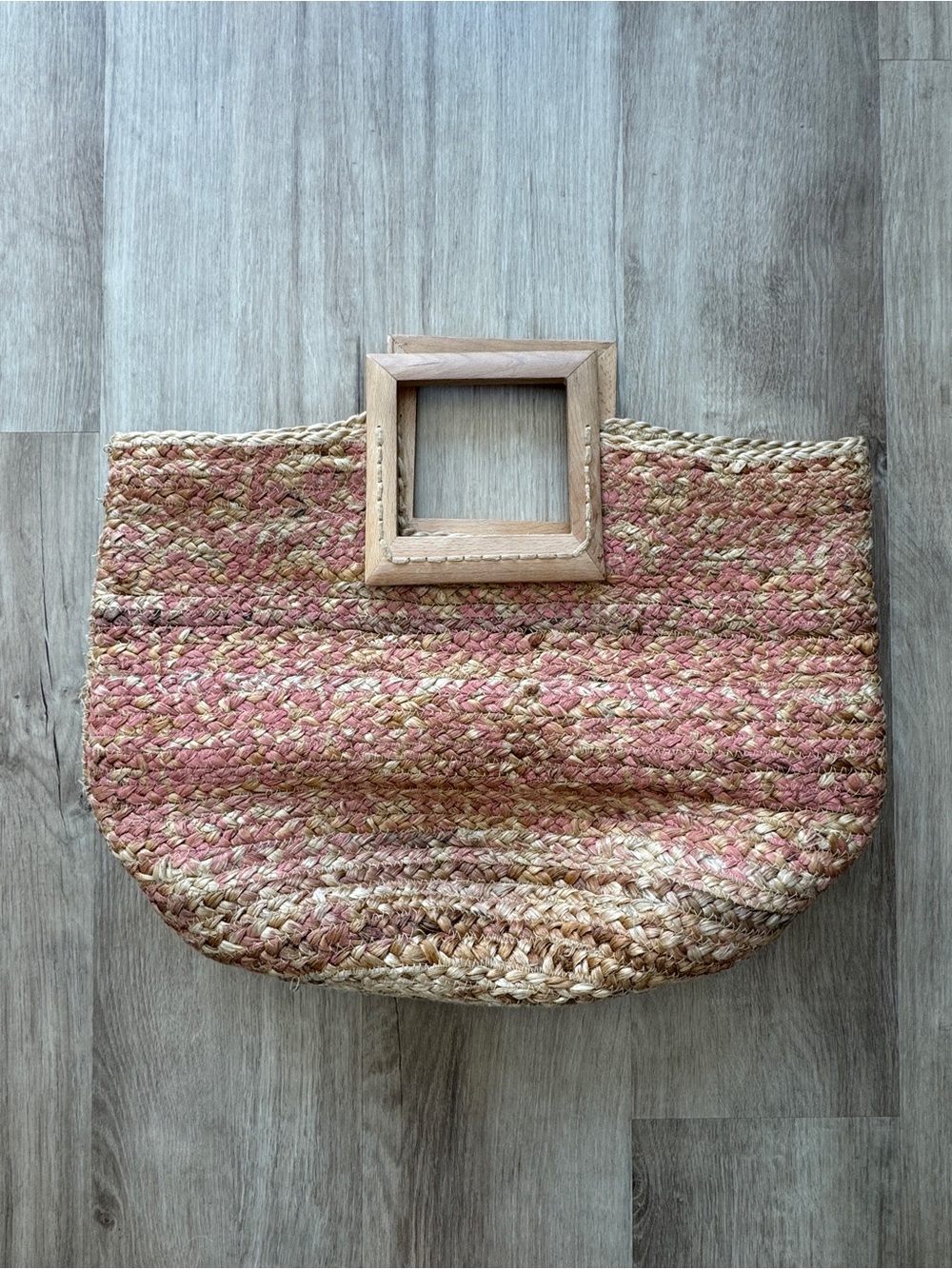 Antik Kraft Pink & Tan Woven Jute Tote Bag Wooden Square‎ Handles Natural Fiber